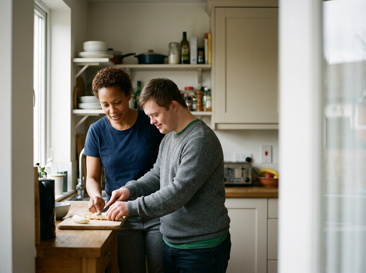 A woman providing assistance, helping a developmentally disabled young man with cooking instructions in a kitchen, slicing food on a cutting board.