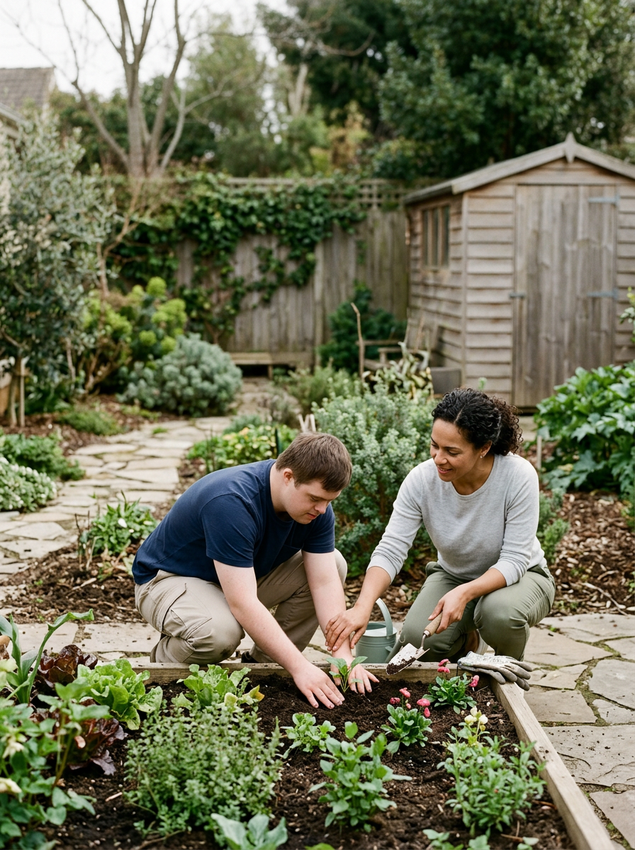 A woman and a young man gardening together in a backyard. The woman is planting or tending to a small plant, while the young man is helping or working alongside her. They are surrounded by green plants and garden beds, with a wooden shed and trees in the background.