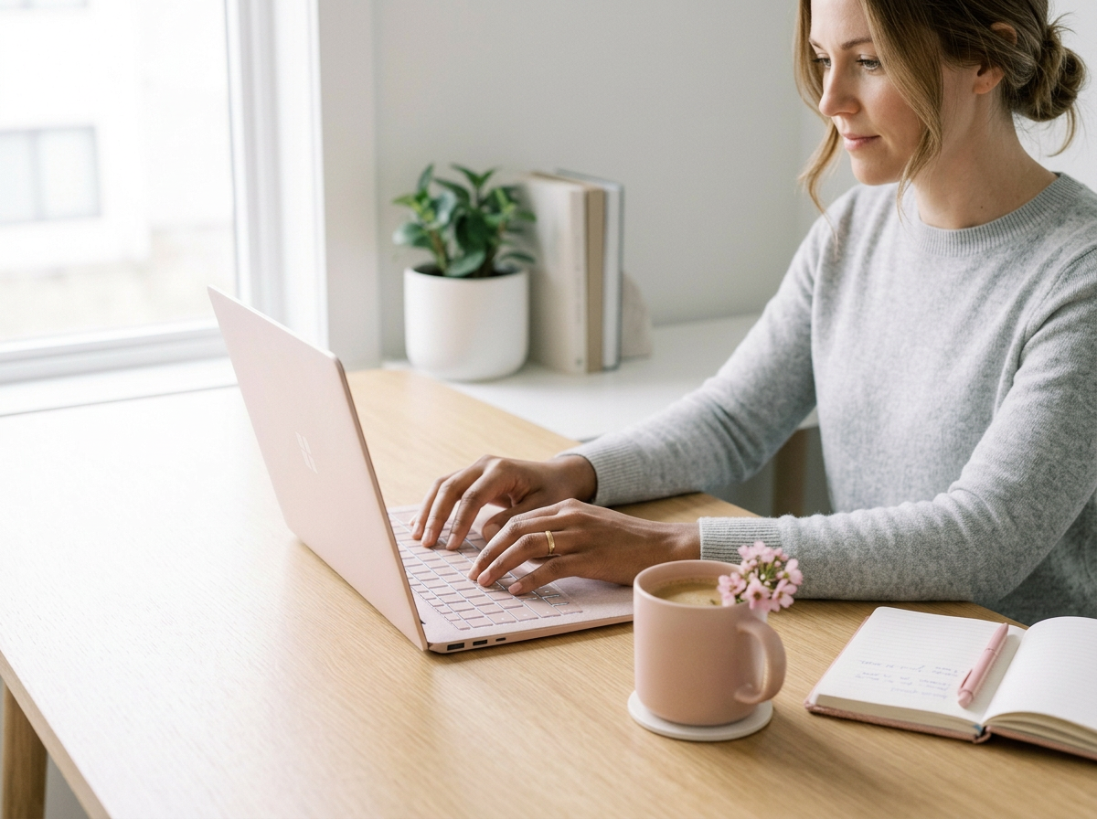 Kvinne jobber på laptop på skrivebord i et lyst rom med planter og notatbok.