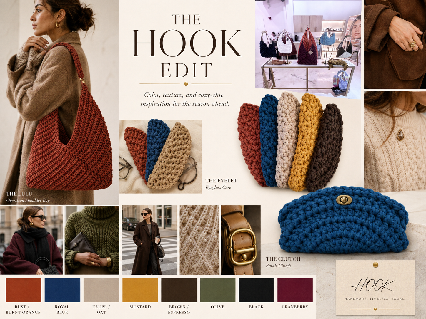 A fashion mood board featuring cozy-chic accessories and clothing. It includes an oversized shoulder bag called THE LULU in a rust/burnt orange color, a collection of hand-knit accessories named THE EYELET in red, blue, beige, white, yellow, and brown, and various outfits and jewelry. The board also shows small images of women wearing glasses, sweaters, and coats, along with a shoe and a buckle. There is a display of handbags in a boutique, a color palette with swatches named RUST, ROYAL, TAUPE, MUSTARD, BROWN, OLIVE, BLACK, and CRANBERRY, and text reading "The Hook Edit" with description about autumn season style inspiration.