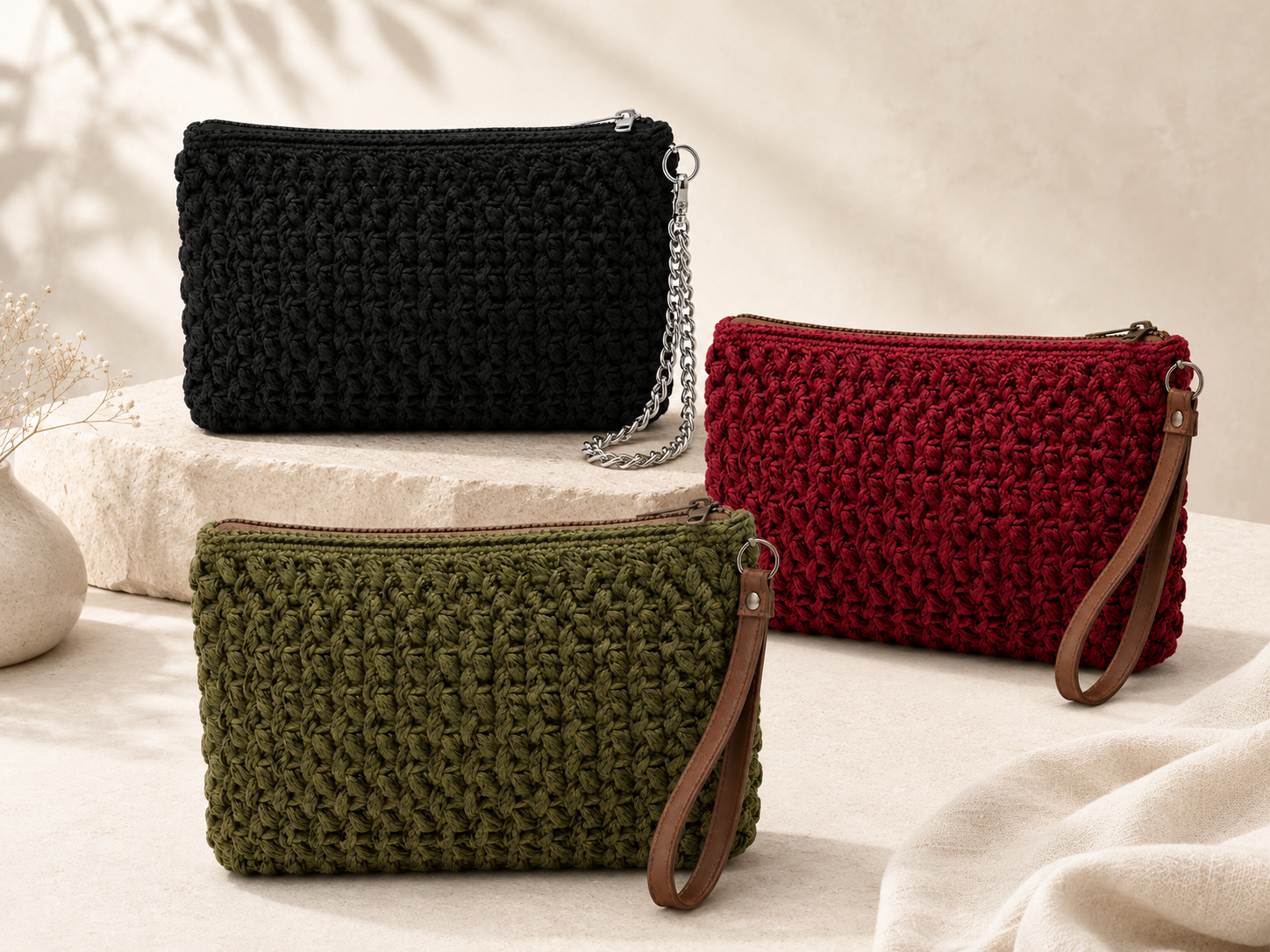 Three woven handbags in black, red, and green with leather straps and metal chain details, arranged on a neutral cloth surface with a beige background.