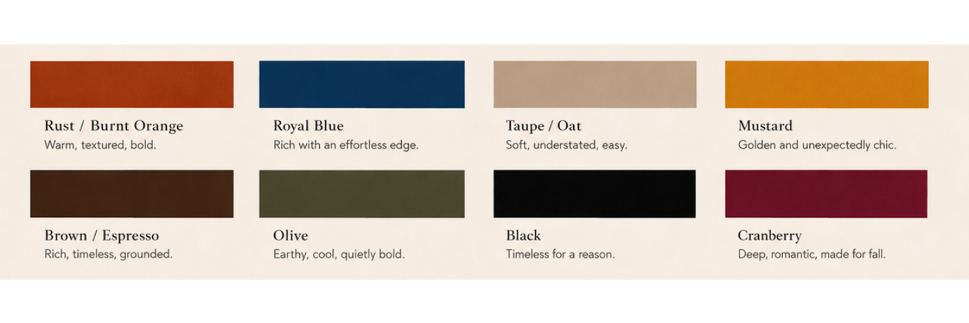 A color palette with eight colors and descriptions. From left to right: Rust / Burnt Orange, warm and textured; Royal Blue, rich with an effortless edge; Taupe / Oat, soft and understated; Mustard, golden and chic; Brown / Espresso, rich and grounded; Olive, earthy and cool; Black, timeless; Cranberry, deep and romantic.