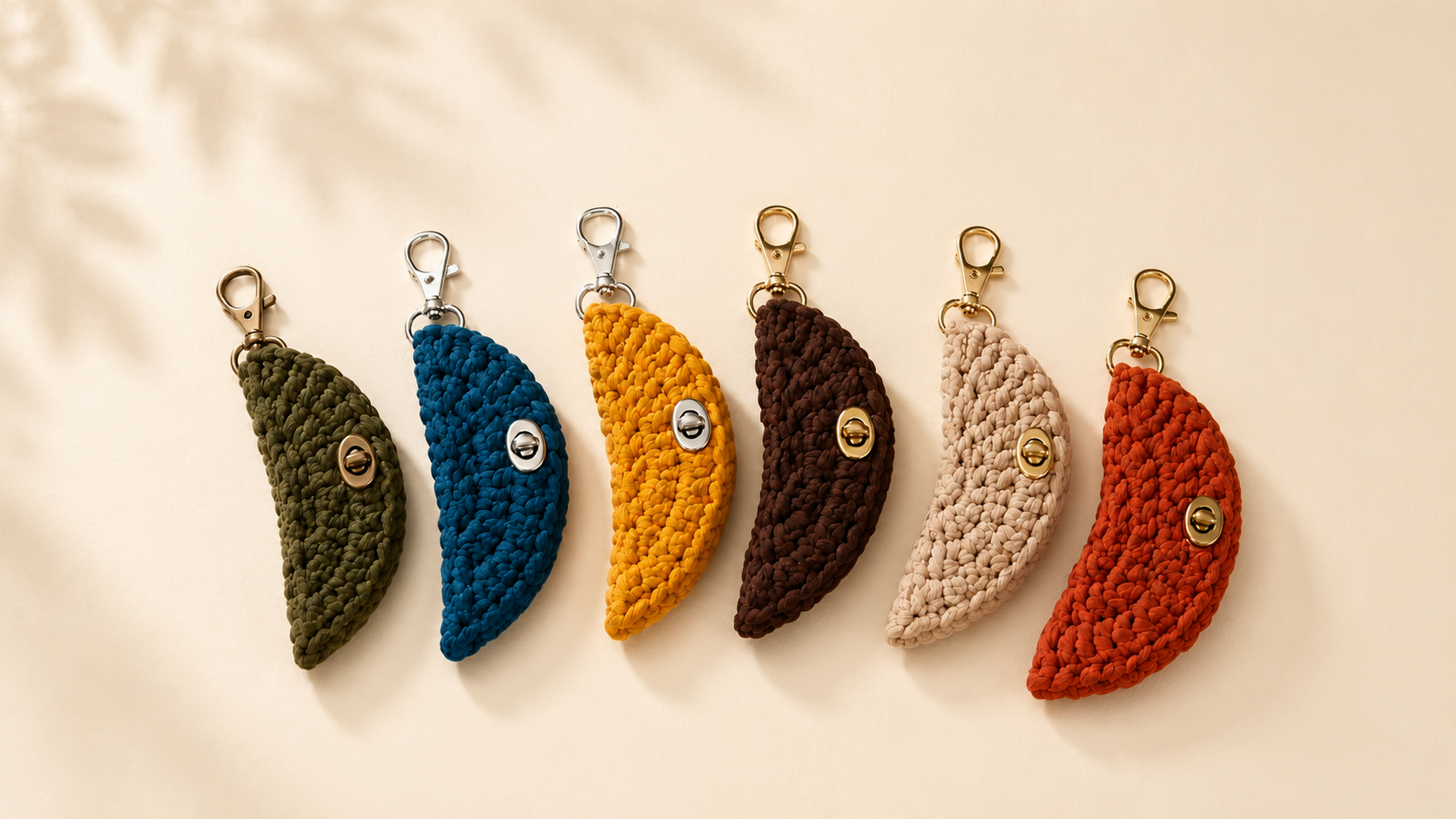 Six colorful crocheted leaf-shaped keychains with metal clasps, arranged in a row on a light background.