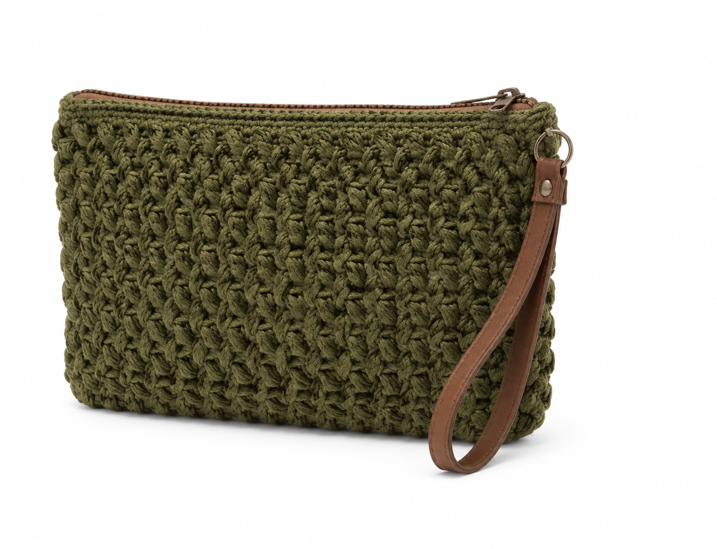Olive green, woven crochet clutch bag with a brown leather wrist strap and zipper.