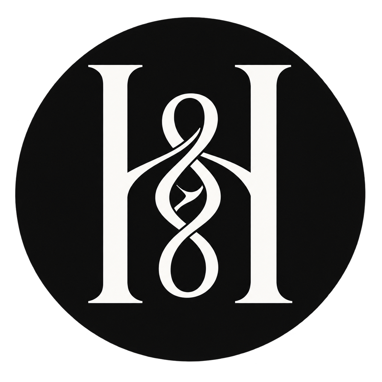 Black circular background with a white stylized monogram combining the letters H and I, intertwined with decorative calligraphic elements.