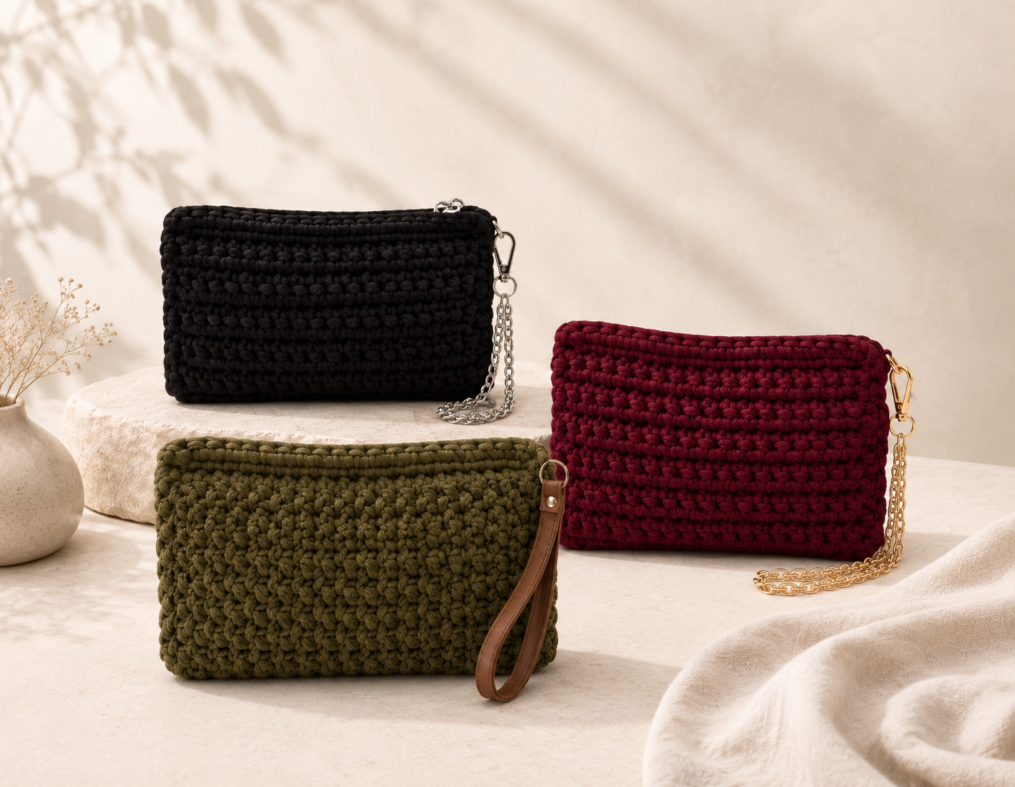 Three knitted handbags in black, red, and green colors with chains and leather straps are displayed on a beige surface with a white vase and dried flowers nearby.