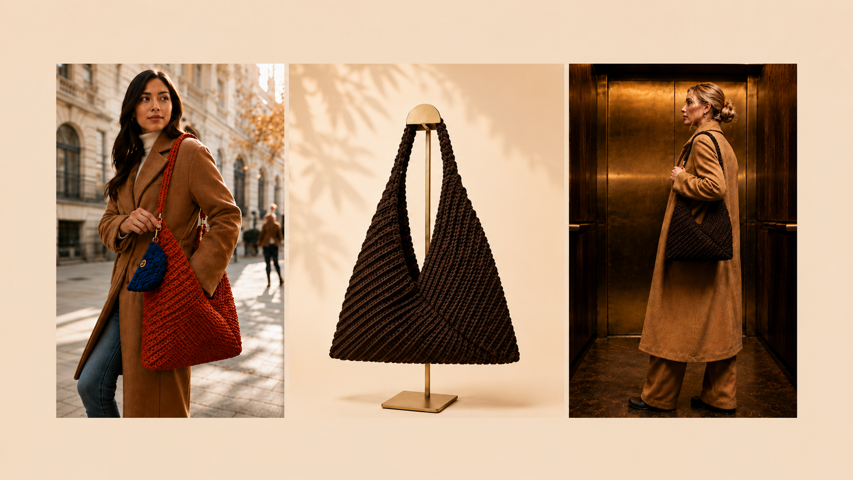Three images of brown knitted handbags, one held by a woman on a city street, another on a display stand, and the third carried by another woman in an elevator.