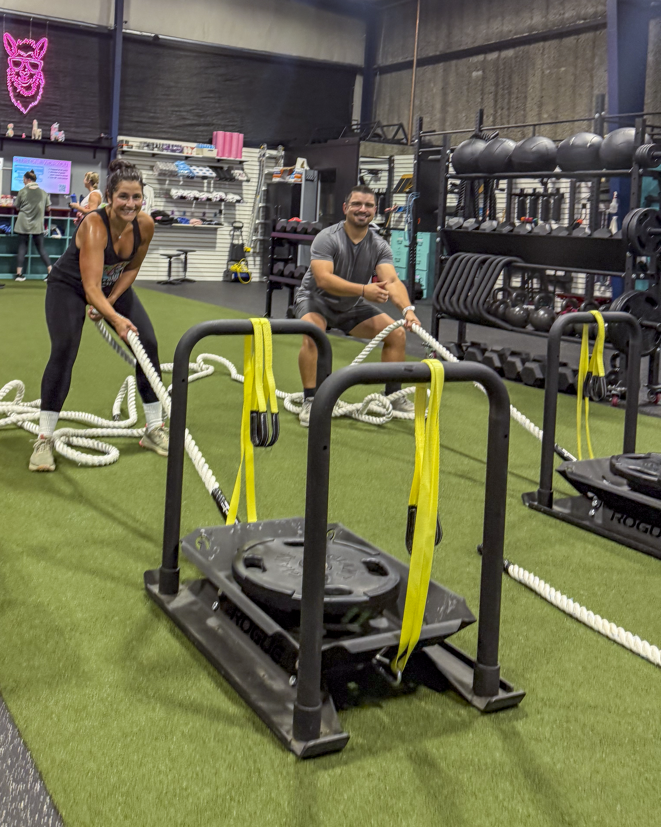 Pink Llama Fitness members doing coached sled training in Renton