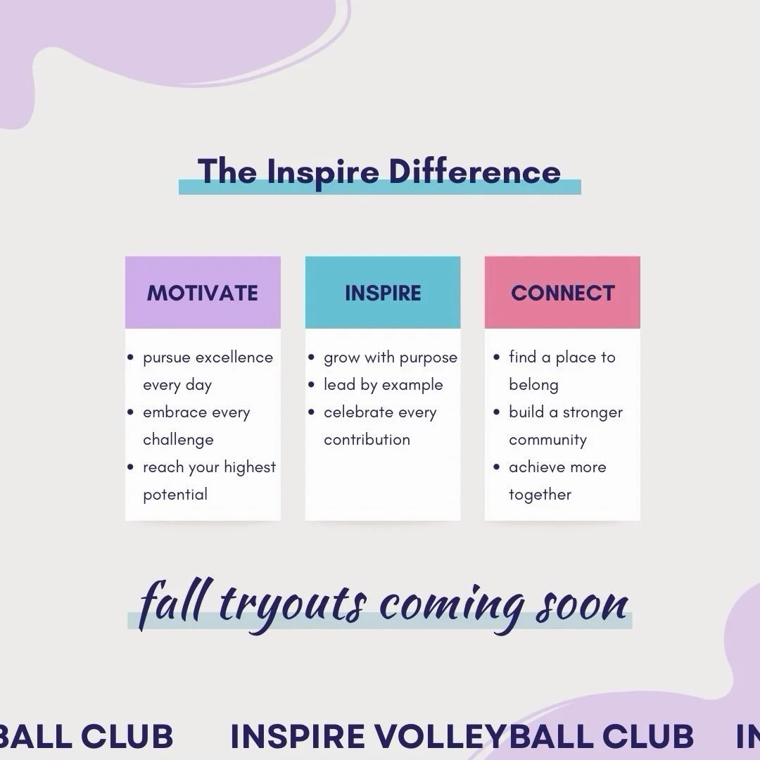 The Inspire Difference 💜

Motivate the athlete. Inspire the person. Connect the community.

That&rsquo;s what we&rsquo;re about, both on and off the court. 🏐

And if you&rsquo;re thinking about joining us this fall, keep an eye out. Tryout dates ar