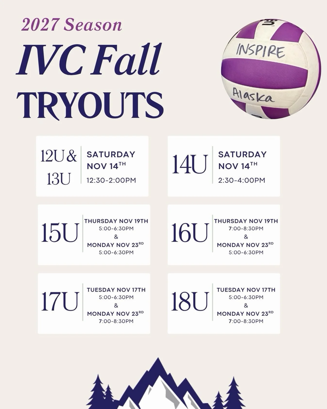 Registration for Fall Tryouts is OPEN! 🏐💜

We&rsquo;re looking for athletes for our National, Regional, and Home teams for the 2027 season!

Whether you&rsquo;re newer to volleyball or have been playing for years, there are opportunities at Inspire