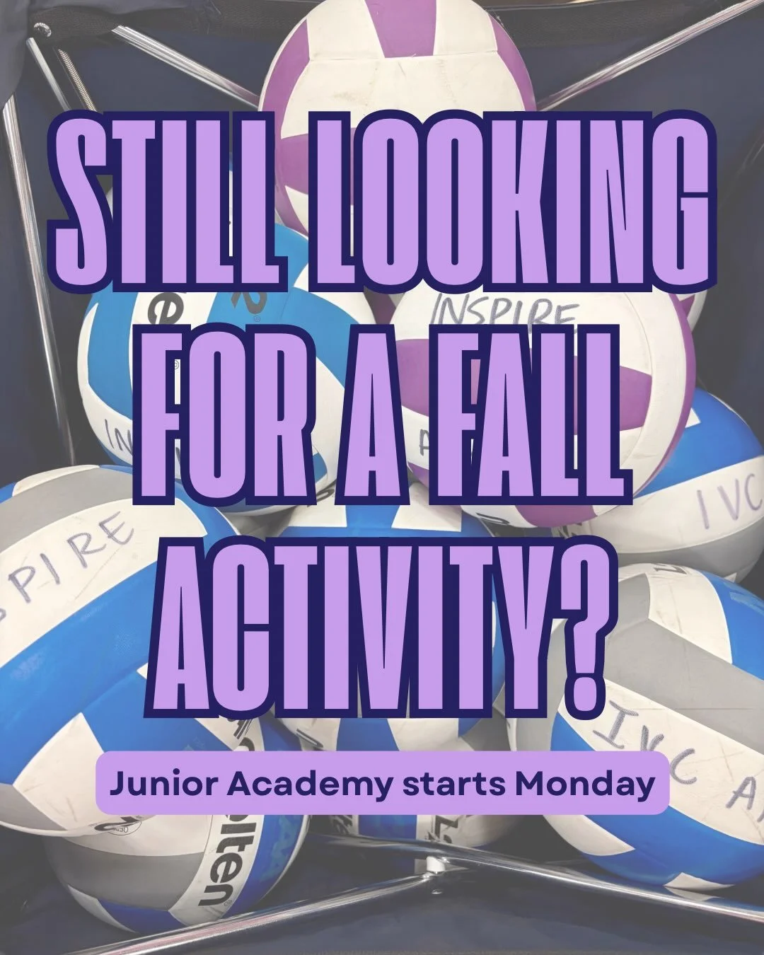 Fall volleyball starts Monday! 🏐

Junior Academy is for boys and girls in 3rd&ndash;8th grade and is a great way to learn the game, build skills, and have fun on the court.

Sept 28 - Oct 29
Mondays &amp; Thursdays 
3rd&ndash;5th Grade, 5pm-6pm
6th&