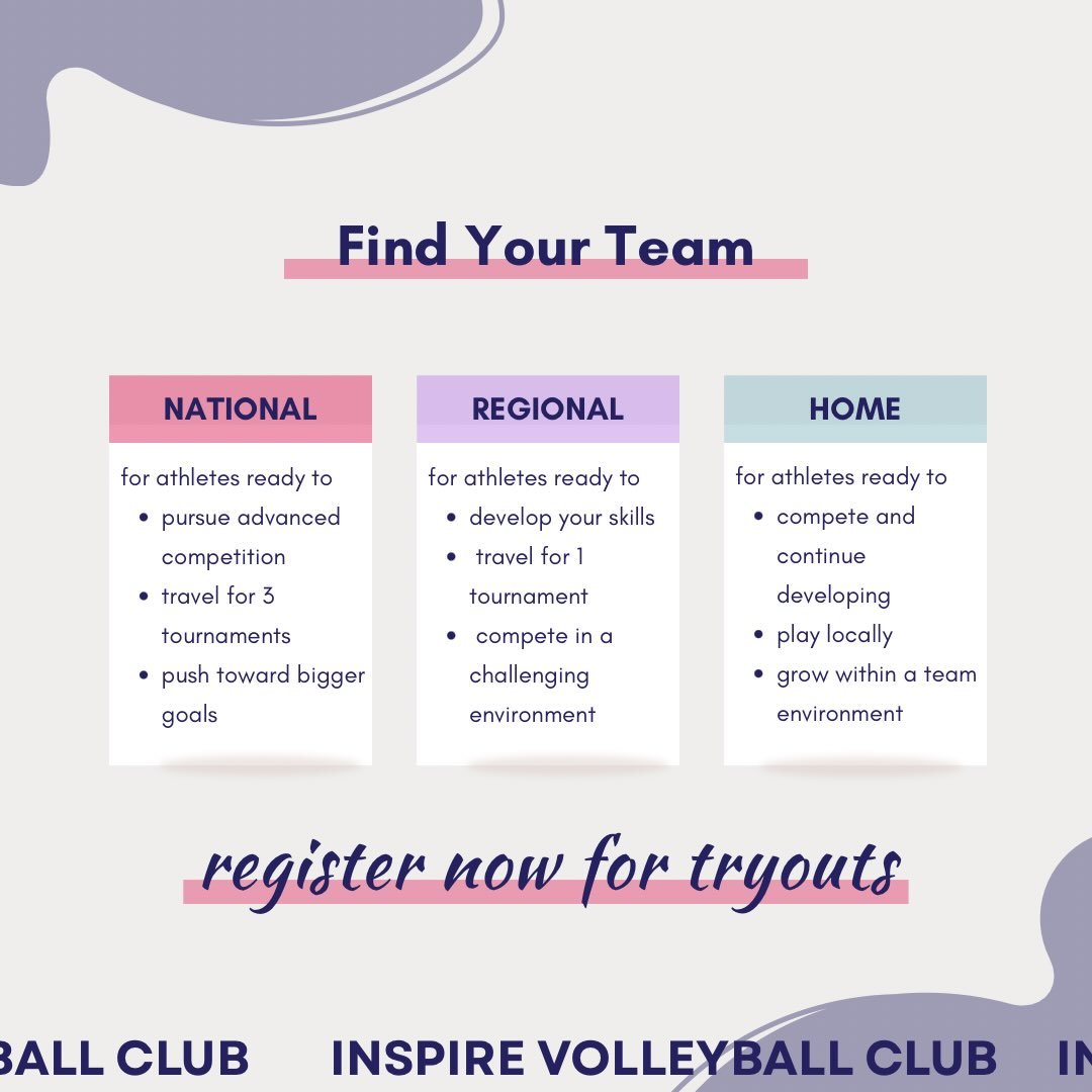 Find your team 💜

Home, Regional, or National. There&rsquo;s a place for athletes at every level of commitment and competition.

Registration is now open for Fall Tryouts! 🏐

📅 Check the second slide for tryout dates and times
🔗 Register through 