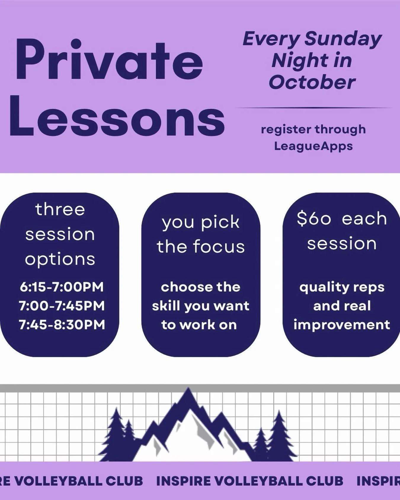 October private lessons are here 🏐

Join us Sunday nights throughout October with three different session options to choose from. Open to all athletes!

📅 Every Sunday in October
🏐 3 session options
🔗 Registration at the link in our bio