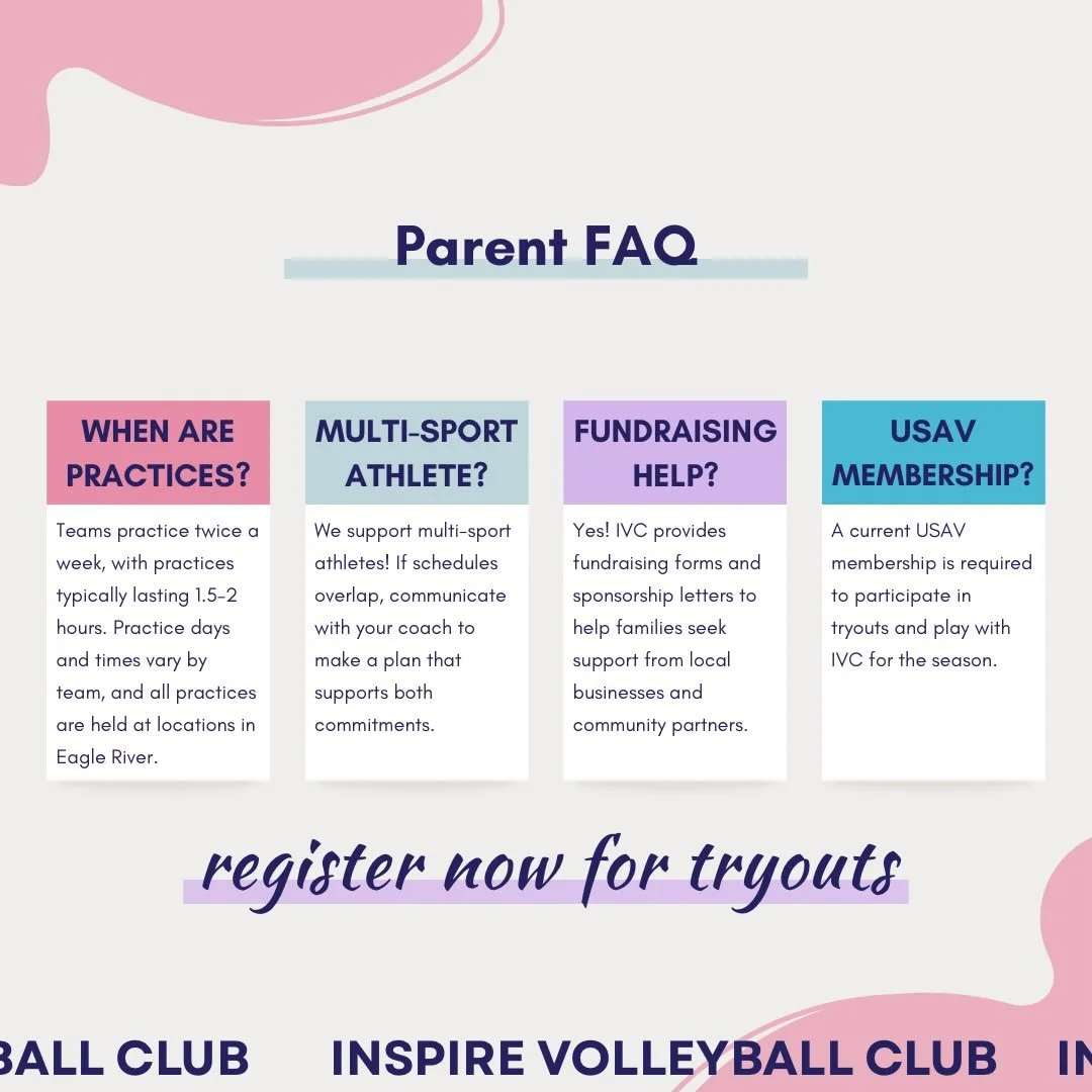 Parents, we know you have questions! We put together a few of the FAQs we hear most often to help you feel prepared for the season.

Now, find your tryout spot! 🏐 Check out the tryout dates and find your athlete&rsquo;s age group. Register through l
