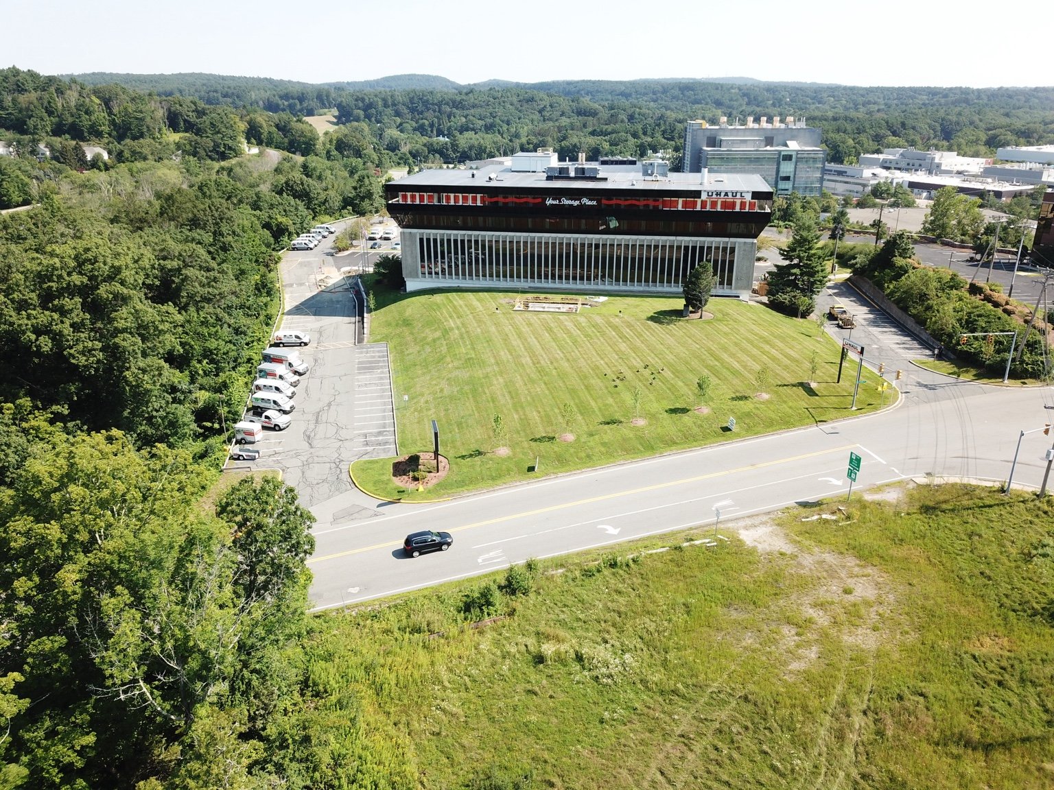 Aerial view of the completed Framingham U-Haul self-storage redevelopment at 15 Pleasant Street Connector.