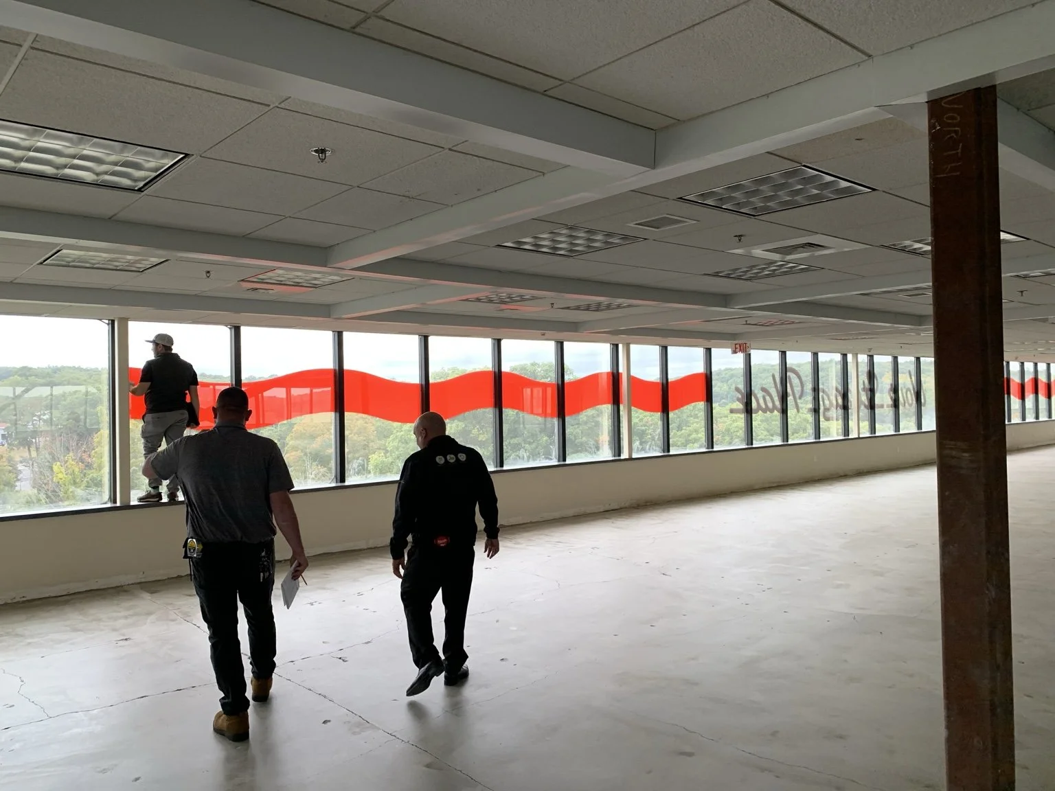 Interior redevelopment work inside the former Genzyme office building during its conversion to U-Haul self-storage in Framingham.