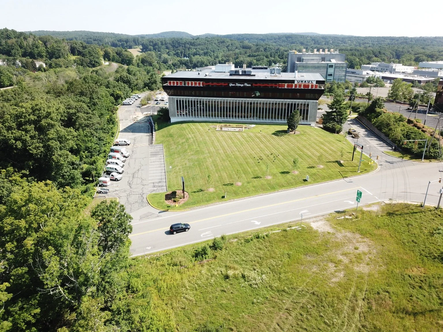 Aerial view of the completed U-Haul self-storage redevelopment at 15 Pleasant Street Connector in Framingham, Massachusetts.