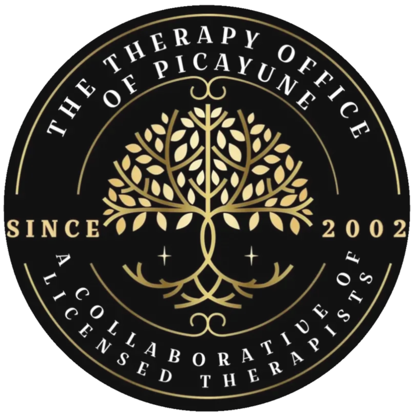 Logo with gold tree and circular text for The Therapy Office of Picayune, established 2002, a group of licensed therapists.