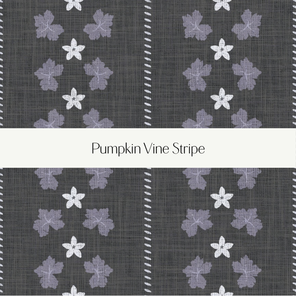 Pattern with purple and white vine leaves and flowers on a gray background, labeled Pumpkin Vine Stripe.