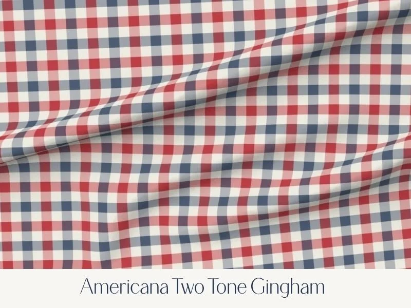 Fabric with a red and blue gingham check pattern.