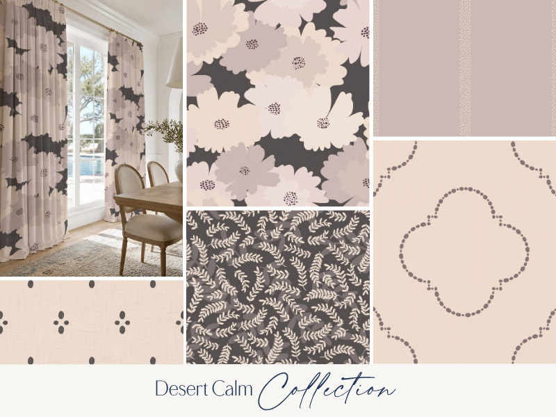 A collage of fabric and wallpaper patterns featuring floral, leaf, and geometric designs in neutral tones, displayed with a window and dining table in a bright room.