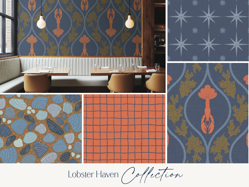 Interior of a restaurant with a blue patterned wallpaper featuring lobsters and floral designs, hanging lights, cream-colored booth seating, and mustard-colored chairs. The image also includes close-up patterns of shells, a grid pattern, and star motifs, part of the Lobster Haven Collection.