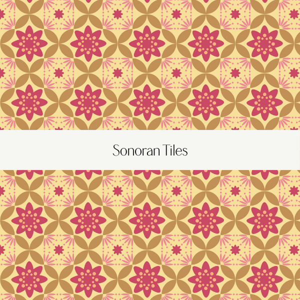 Patterned tile design with pink flowers and beige geometric shapes on a yellow background, labeled 'Sonoran Tiles'.
