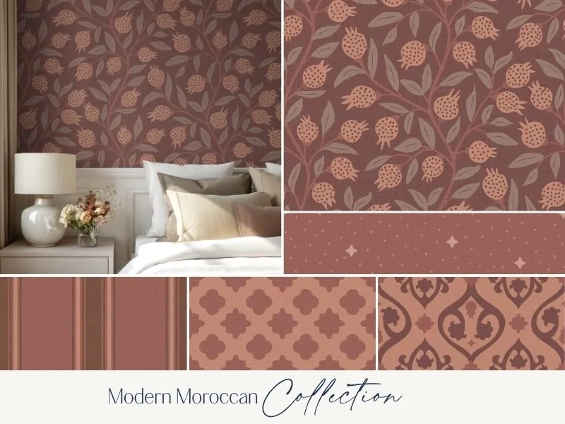 A bedroom with a modern Moroccan style decor featuring a wall with a pink and brown leaf pattern, floral wallpaper, a nightstand with a white lamp and flowers, and pillows on a bed.