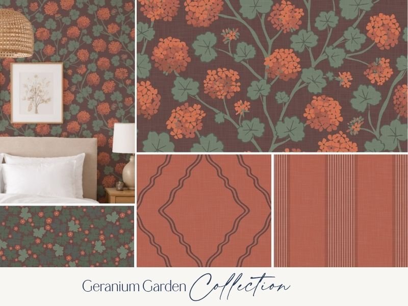 Decorative wall with geranium floral wallpaper in orange and green, framed botanical print, bed with white linens, and split layout showing detail of wallpaper patterns.