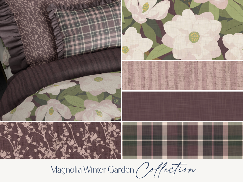 A bed with floral and plaid patterned bedding and pillows in shades of mauve, green, beige, and brown, part of the Magnolia Winter Garden Collection.
