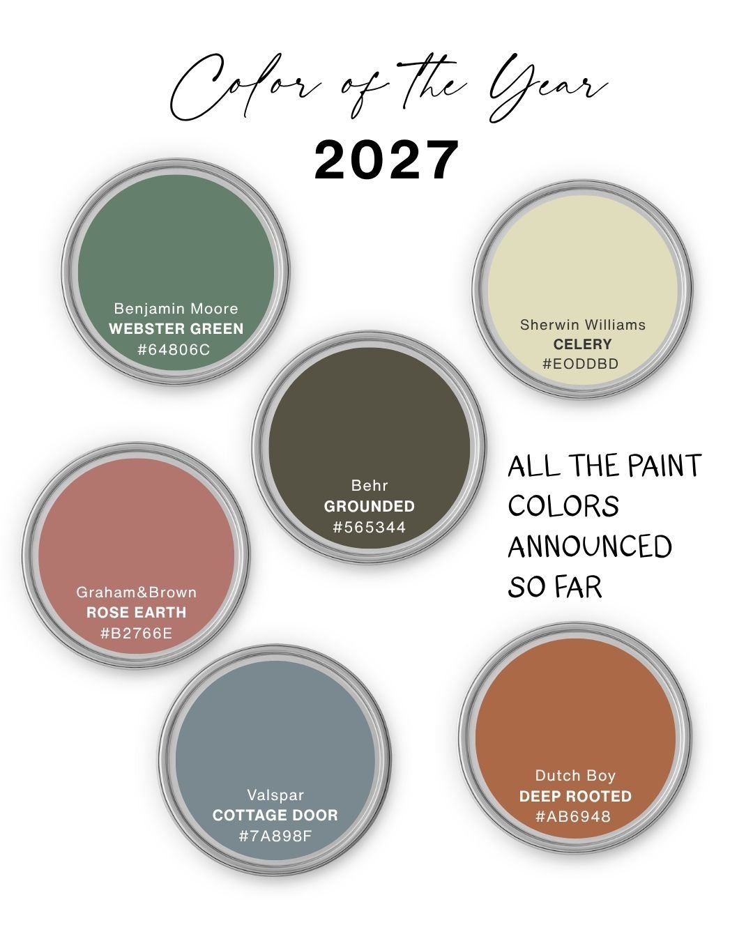 I love this time of year - all the paint companies have been announcing their colors of the year for 2027.  Interesting to see them all together, huh.  Here's the hex codes if you need them.  Every year I use the last few months to decide which color