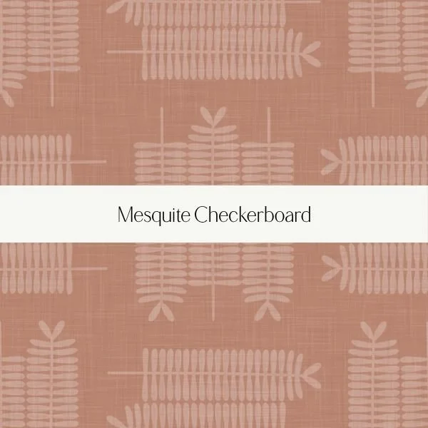 Cover of a Mesquite Checkeredboard pattern with a pinkish background and beige leaf designs.