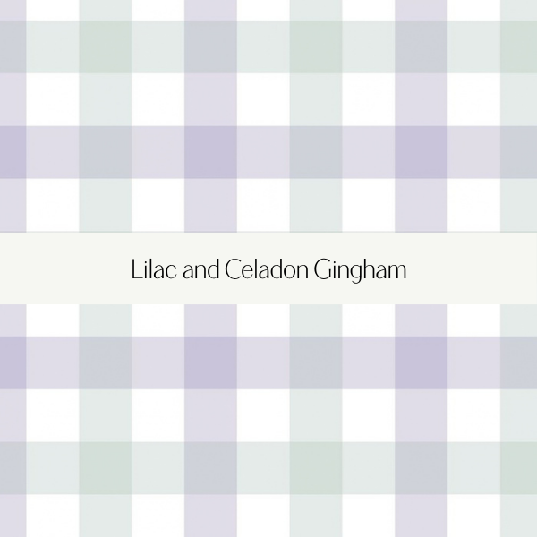 Book cover titled "Lilac and Celadon Gingham" with a pastel checkered pattern background.