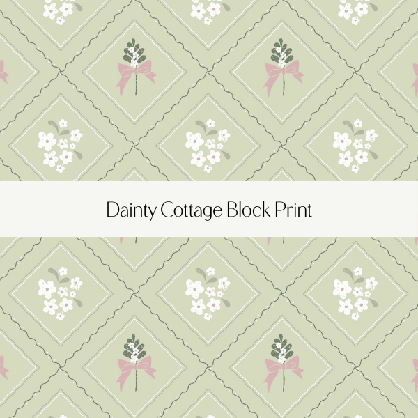 Pattern with white flowers and pink bows on a light green background, labeled Dainty Cottage Block Print.
