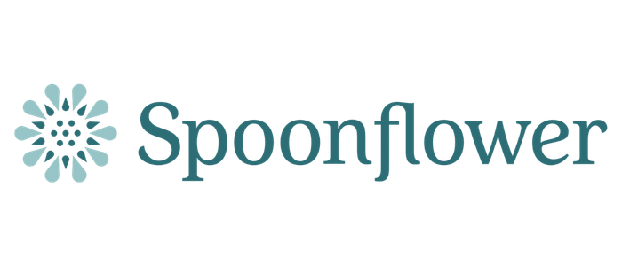 Logo of Spoonflower, featuring a stylized flower design and the company name in blue text.