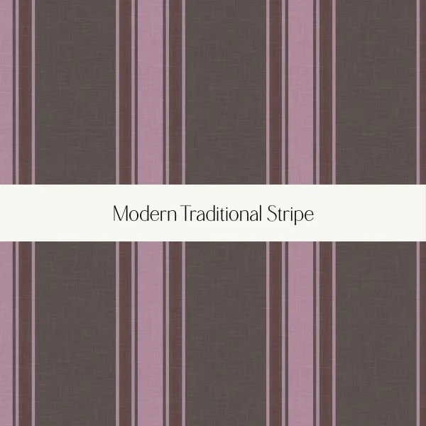 Close-up view of fabric with a modern traditional stripe pattern in shades of purple and gray.