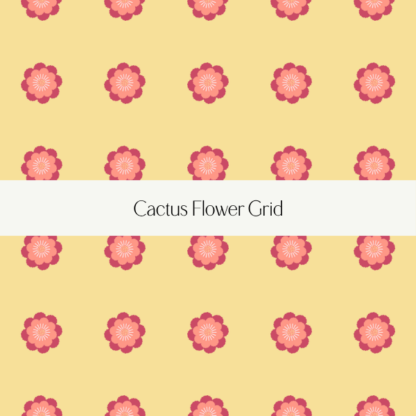 Pattern of pink cactus flowers on a yellow background with a white band in the middle that says 'Cactus Flower Grid'.