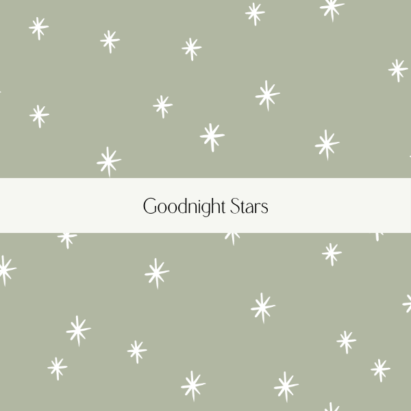 A green background decorated with white stars and a white band in the middle with the text 'Goodnight Stars'