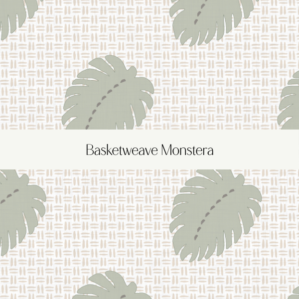 Pattern with green Monstera leaves on beige background and the text 'Basketweave Monstera' in the center.