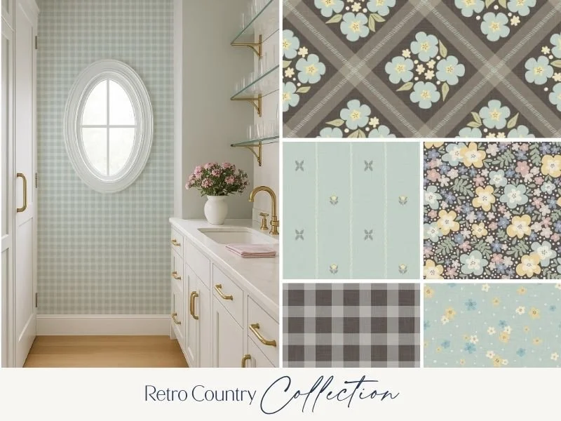 Collage of vintage-inspired wallpaper patterns with pastel colors, floral and plaid designs, and a bathroom with white cabinetry, gold hardware, and a small window with checkered wallpaper.