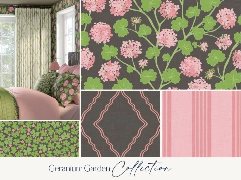 A bedroom with green and pink floral curtains, matching pillows, and coordinating flower-patterned and striped wallpaper from the Geranium Garden Collection.