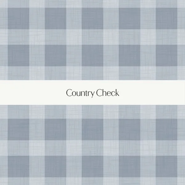 A checkbook cover with a blue and gray plaid pattern and the words "Country Check" in the center.