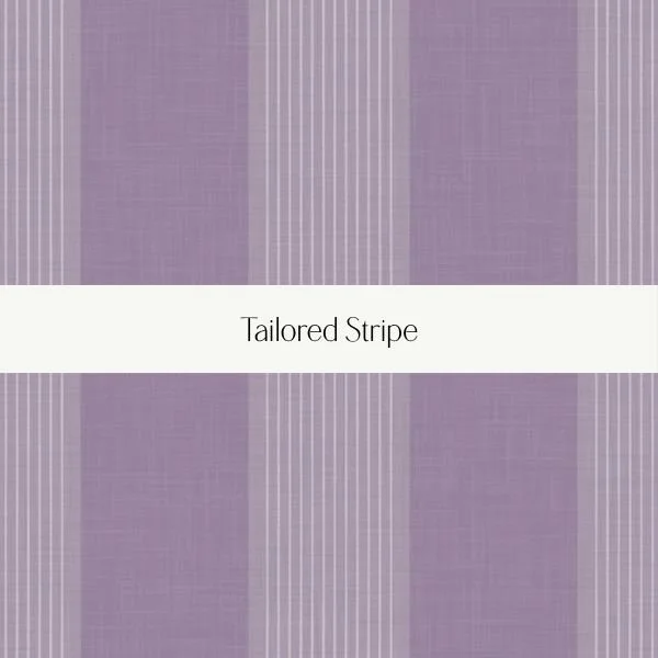 A fabric sample with purple and white tailored stripes.