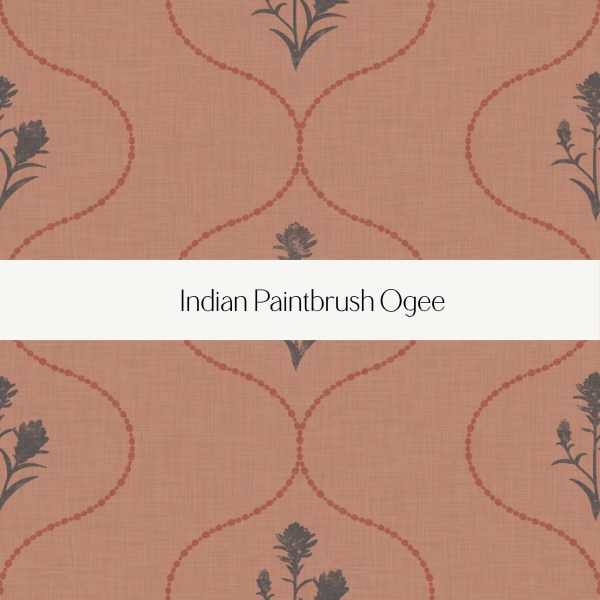 Patterned wallpaper with floral and dotted line design in muted colors, with a label reading 'Indian Paintbrush Ogee.'