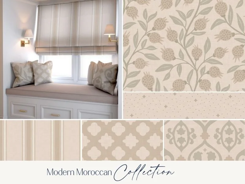 Window seat with beige cushions and striped curtains, wall with beige floral and geometric wallpaper patterns, and fabric samples of other beige and white wallpaper designs from a Modern Moroccan Collection.