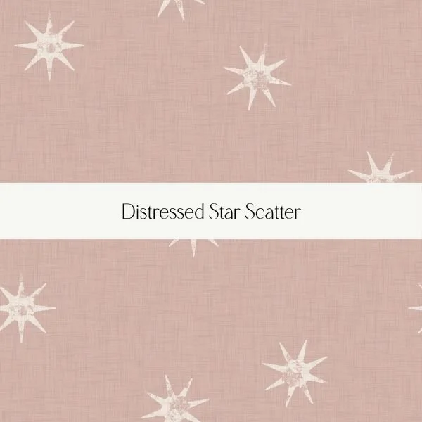 A pink background with white distressed star patterns and a white horizontal banner in the middle with black text that reads "Distressed Star Scatter."