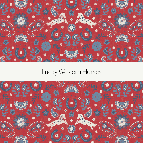 Pattern featuring white western horses, horseshoes, paisley shapes, and floral motifs in blue, white, and red colors.