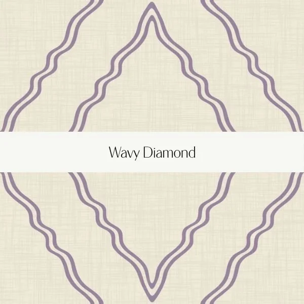 Pattern with wavy diamond shapes in purple on a beige background, labeled "Wavy Diamond".