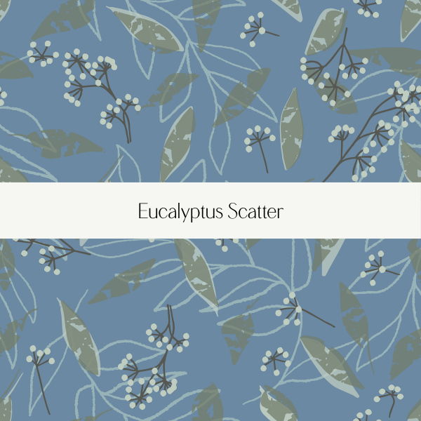 Pattern with eucalyptus leaves and berries on a blue background, titled "Eucalyptus Scatter."
