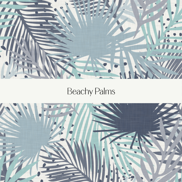 Pattern of beachy palm leaves in shades of blue and green with a centered white banner labeled 'Beachy Palms'.